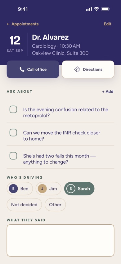 An appointment's detail screen with questions to ask and who's driving.