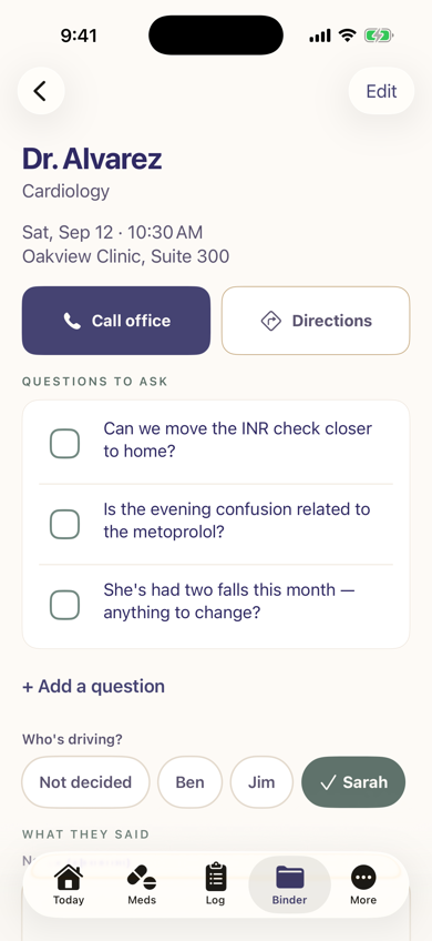 An appointment's detail screen with questions to ask and who's driving.