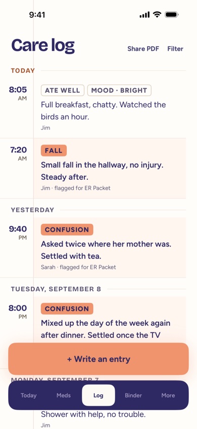 The Care Log with today's entries, including a flagged fall.