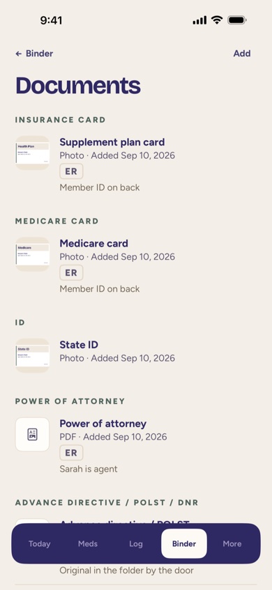 The Documents list grouped by category, including insurance cards and power of attorney.