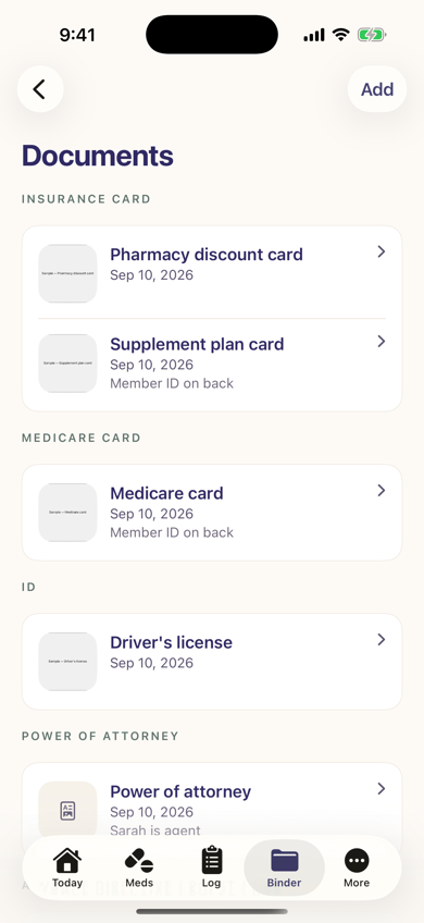 The Documents list grouped by category, including insurance cards and power of attorney.