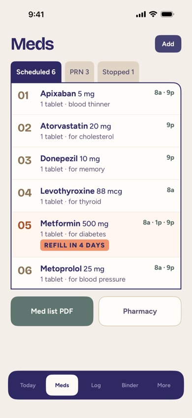The Medications screen with scheduled doses, times, and a refill flag.