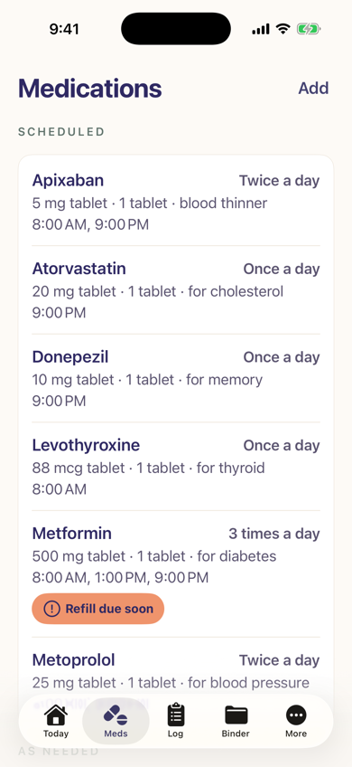 The Medications screen with scheduled doses, times, and a refill flag.