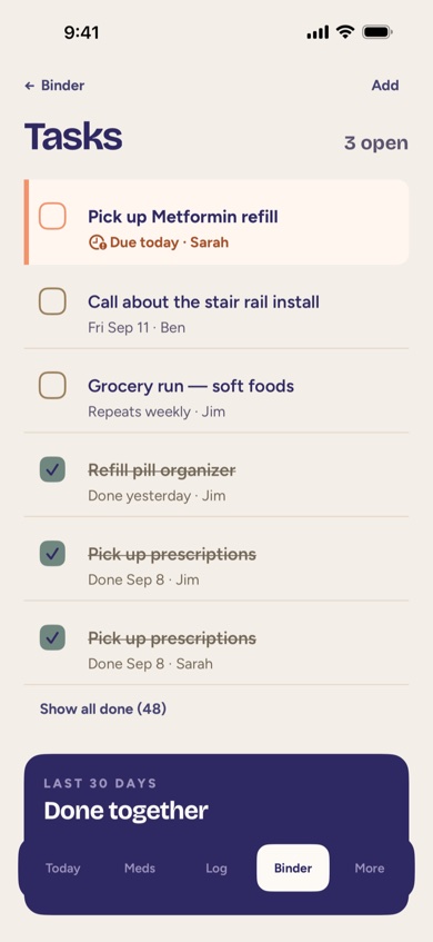 The Tasks list with open and done items and who they're assigned to.