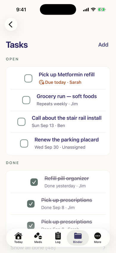 The Tasks list with open and done items and who they're assigned to.